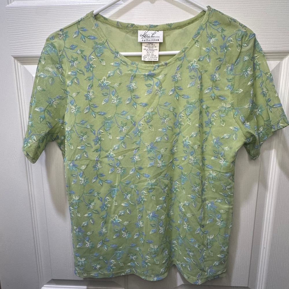 VTG Y2K Kathie Lee Collection Womens Green Mesh‎ Floral Embroidered Top Medium